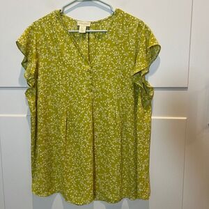Cynthia Rowley Chartreuse Floral Flutter Sleeve V Neck Top Womens 1X Botanical‎